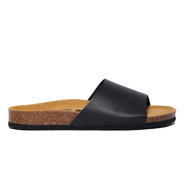 A black sandal with a cork sole and a single strap over the top.